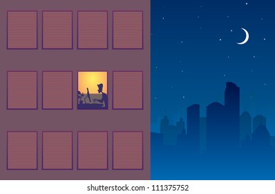 Illustration of one window still alight showing someone still working through the night.