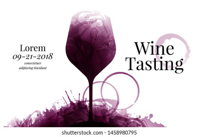 Illustration of one wine glass with red wine stains, vector. Splashes of wine, liquid, drops, circles of glass. Drawing for wine designs. Event, party, presentation, promotion, menu, book cover. 