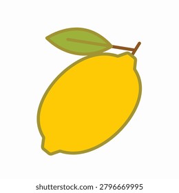 Illustration of one yellow lemon with green leaf attached to stem