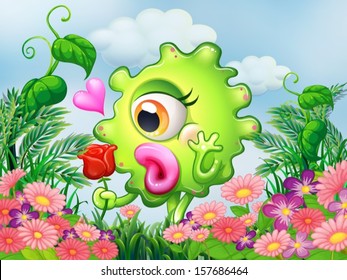 Illustration of a one-eyed green monster at the garden