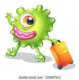 Illustration of a one-eyed green monster moving on a white background