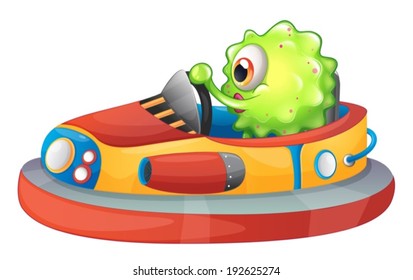 Illustration of a one-eyed monster riding a car on a white background