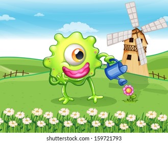 Illustration of a one-eyed monster watering the plant at the hilltop