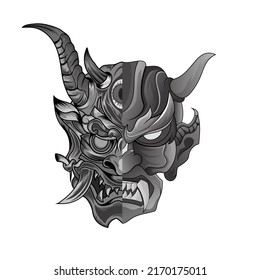 Ilustración de un demonio enmascarado oni por tatuajes máscara de demonio japonesa de miedo negro y blanco