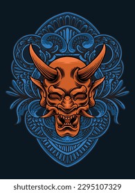illustration oni mask japan with engraving ornament, suitable for tshirt design