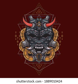 Illustration of Oni mecha devil head with geometric pattern. suitable for the design of t-shirts, stickers, mechendise, etc.