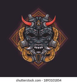 Illustration of Oni mecha devil head with geometric pattern. suitable for the design of t-shirts, stickers, mechendise, etc.