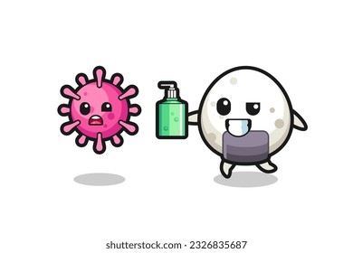 illustration of onigiri character chasing evil virus with hand sanitizer , cute style design for t shirt, sticker, logo element