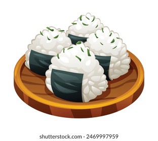 Illustration of onigiri rice balls on a wooden plate. Japanese food vector isolated on white background