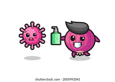 ilustración del personaje de la cebolla persiguiendo el virus malvado con el sanitizador de la mano , diseño de estilo lindo para camiseta, pegatina, elemento logo
