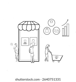 Illustration of an onlaine e -commerce shopping experience with a person making a selection at a digital storefront.