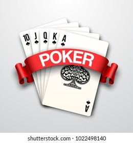 illustration Online casino banner with poker hands Isolated on white background surface table. Marketing Luxury Banner Jackpot Online Casino with poker hand Advertising poster with red ribbon for text