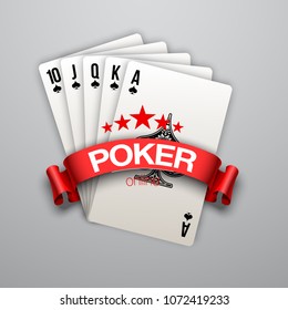 illustration Online casino banner with poker hands Isolated on white background surface table. Marketing Luxury Banner Jackpot Online Casino with poker hand Advertising poster with red ribbon for text