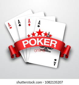 illustration Online casino banner with poker hands Isolated on white background surface table. Marketing Luxury Banner Jackpot Online Casino with poker hand Advertising poster with red ribbon for text