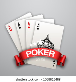 illustration Online casino banner with poker hands Isolated on white background surface table. Marketing Luxury Banner Jackpot Online Casino with poker hand Advertising poster with red ribbon for text