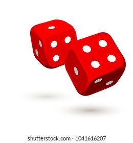 illustration Online casino banner with red playing dice poker Isolated white background surface table. Marketing Luxury Banner Jackpot Casino with poker red dice. Advertising poster