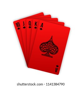 illustration Online casino banner with red playing cards poker hands Isolated white background surface table.Marketing Luxury Banner Jackpot Casino with poker hand Advertising poster red playing cards