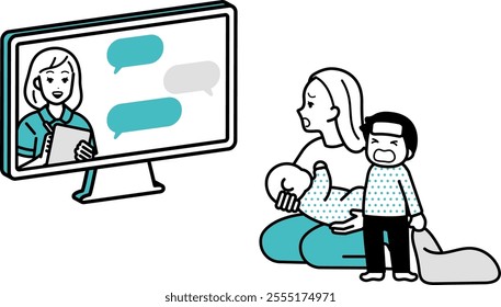 Illustration of online consultation and diagnosis to hospital, computer.