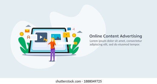 illustration for online content advertising, content marketing idea, social media strategy, digital marketing concept - vector with icons