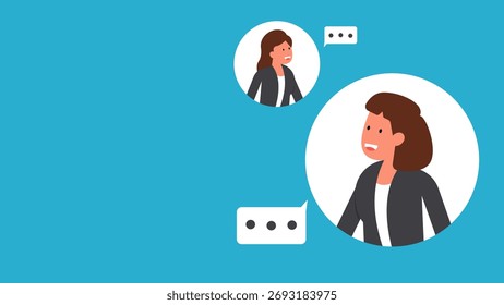 Ilustración de una conversación en línea entre dos profesionales, que representa la interacción y la comunicación a través de mensajes digitales en un estilo moderno y colores brillantes.