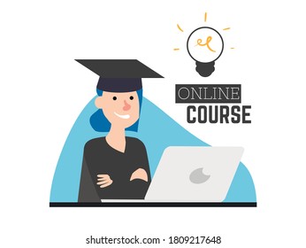 Illustration of online courses, a girl studying at a laptop in a student costume.