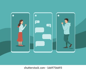 Illustration of online dating through apps, engagements, marriage, social media introductions.