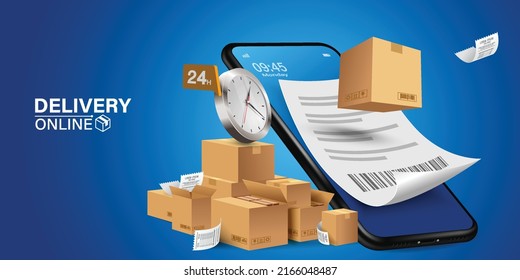 Illustration of online delivery service via mobile application.
Online Order Tracking Home and office delivery service.City logistics. Warehouse, truck, forklift, courier, delivery man, on mobile.