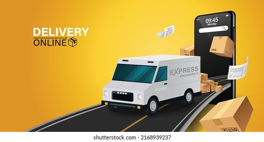 Illustration of online delivery service via mobile application.
Online Order Tracking Home and office delivery service.City logistics. Warehouse, truck, forklift, courier, delivery man, on mobile.