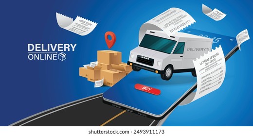 Illustration of online delivery service via mobile application.
Online Order Tracking Home and office delivery service.City logistics. Warehouse, truck, forklift, courier, delivery man, on mobile.