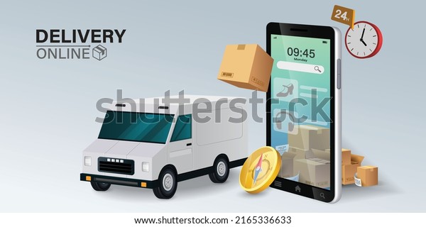 Illustration of online delivery service via\
mobile application.\
Online Order Tracking Home and office delivery\
service.City logistics. Warehouse, truck, forklift, courier,\
delivery man, on\
mobile.