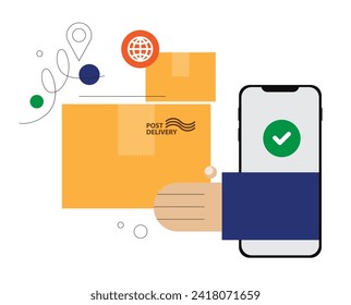 Illustration of the online delivery in the smartphone with payments icons