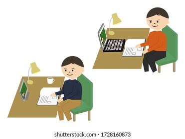 Illustration of online education. Boys learning at home.