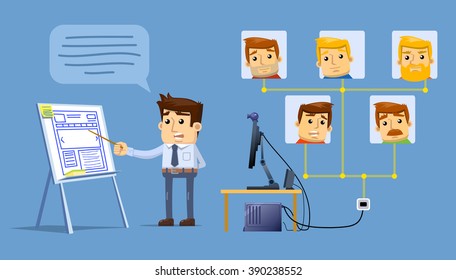 Illustration of online education process. Distance education concept, online conference. Cheerful businessman giving lesson through internet. Simple vector illustration