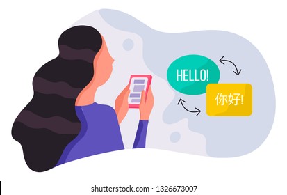 The illustration of online education via smartphone with speech bubbles "Hello". Perfect for banner, poster or language courses. 