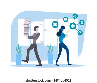 Illustration of online education. Young woman using smartphone. E-learning and online courses concept