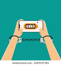 illustration of online gambling addiction, with handcuffed objects while playing online gambling on mobile phones, flat design vector