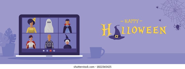 illustration online halloween party with videocall six people celebrate holiday, videochat on laptop copy space, quarantine flat style concept. 