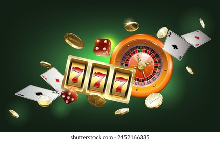 Illustration Online Jackpot Casino . Gewinner-Kombinationszahlen von Glück drei Sieben Jackpot. Goldene realistische Münzen, Spielkarte, Würfel und Roulette-Rad. Casino-Werbung Vorlage.