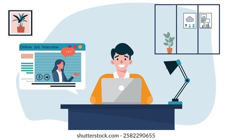 Illustration of an online job interview with a remote candidate and recruiter on a video call. Modern workplace setting, virtual hiring, and recruitment concept. For HR, career, and business themes.