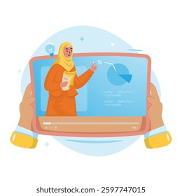 Illustration of online learning by watching teacher explanation on tablet screen, Hand holding tablet with webinar education concept vector design
