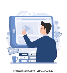 Illustration of an online learning course with video tutorials, featuring digital education, remote study, and training