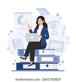 Illustration of an online learning course with video tutorials, featuring digital education, remote study, and training