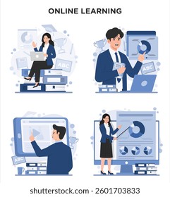 Illustration of an online learning course with video tutorials, featuring digital education, remote study, and training