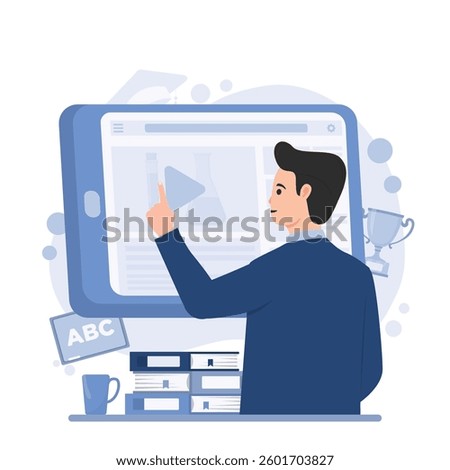 Illustration of an online learning course with video tutorials, featuring digital education, remote study, and training