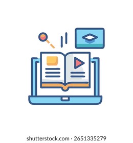 Illustration of online learning elements featuring an open book on a laptop screen with educational icons. Flat graphic style.