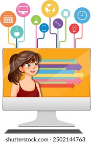 Illustration of online learning with various educational icons