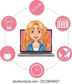 Illustration of online learning with various educational icons