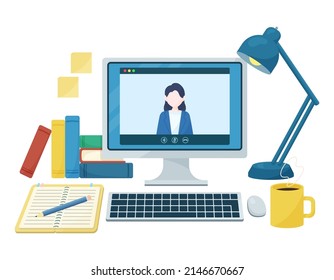 Ilustración con conferencias en línea. Computadora y espacio de trabajo. Interacción en línea, conversaciones.