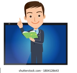 Illustration of online lessons and online schools | Illustration of a male teacher jumping out of a tablet