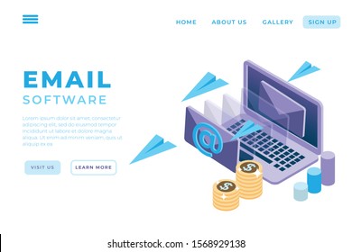 illustration of online marketing by email, online support services with the concept of isometric landing pages and web headers